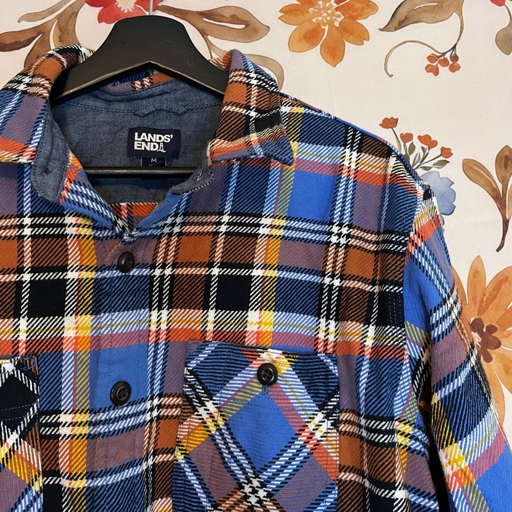 Lands’ End Mens M Spring Fall Blue Colorful Plaid Thick Flannel Shirt Shacket